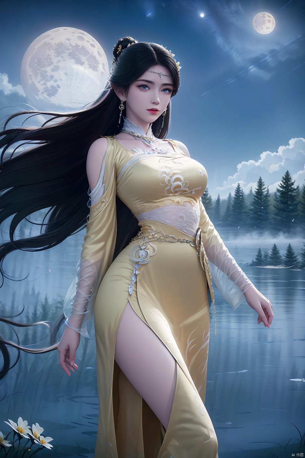 1girl, solo, long hair, looking at viewer, blue eyes, black hair, hair ornament, dress, jewelry, flower, earrings, outdoors, sky, water, hair bun, tree, clothing cutout, night, facial mark, moon, grass, night sky, full moon, shoulder cutout, yellow dress