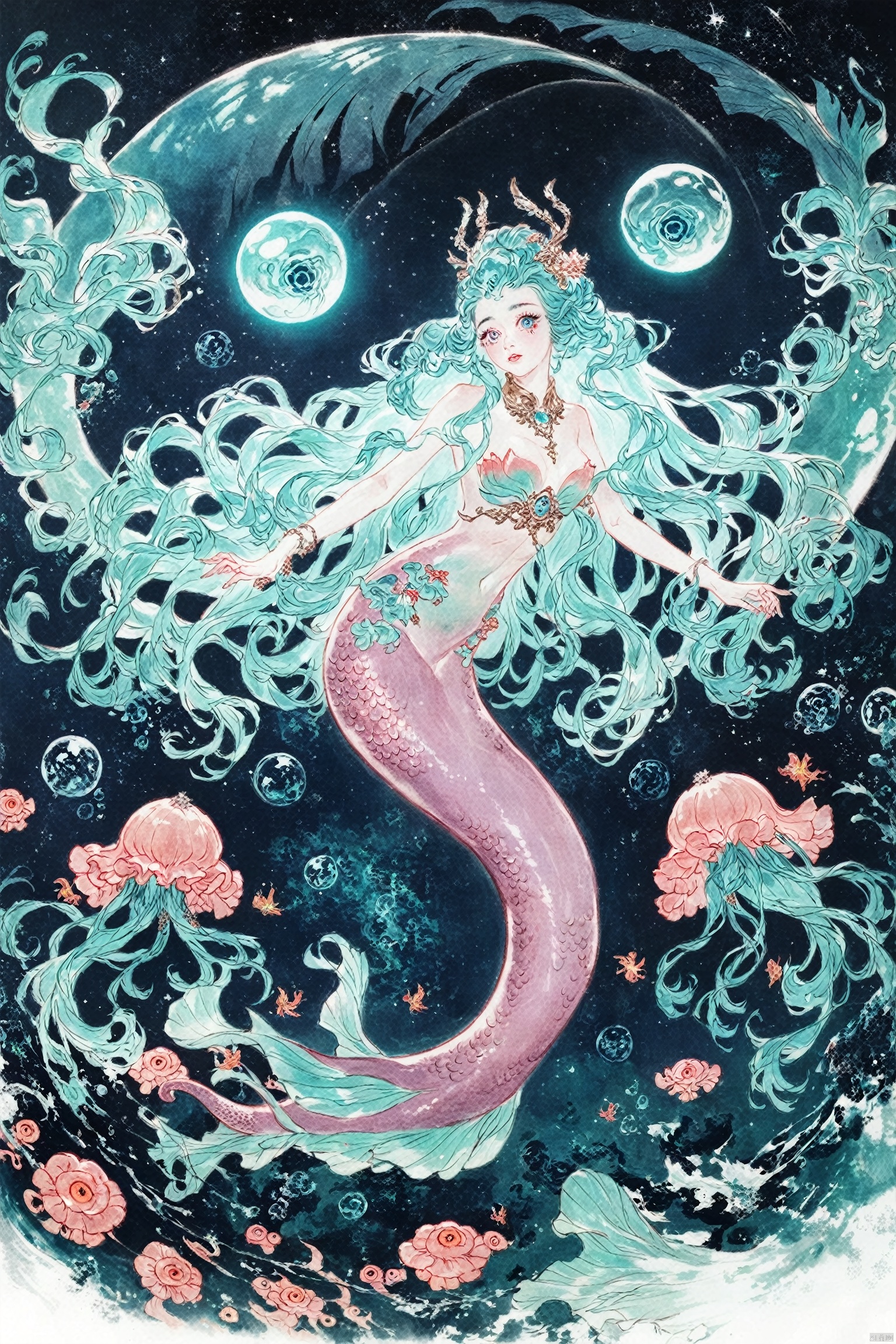 score_9,score_8_up,score_7_up,score_6_up,chinese traditional painting
Eyes as deep as the starry sky,Mermaid, long flowing hair, love, best quality,Amazing,finely detail,Depth of field,extremely detailed CG unity 8k wallpaper,Deep sea background,jellyfish,masterpiece,fluttered detailed splashs, beautiful detailed water,cosmic eyes,Shock sensation,(realistic :0.5),octopus,original,