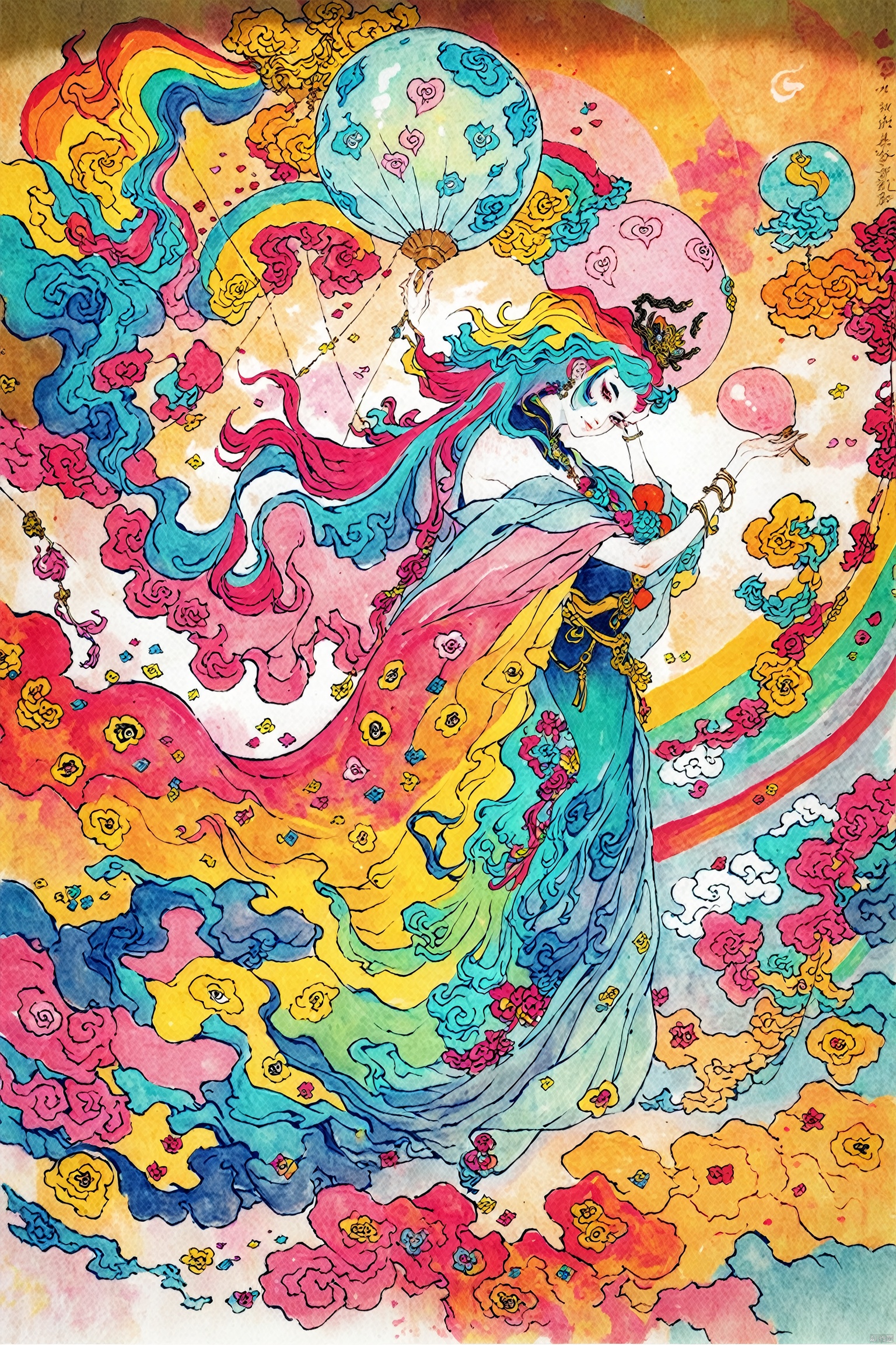 score_9, score_8_up, score_7_up, score_6_up,chinese traditional painting,
1girl,Abstract watercolor painting of a little girl,rainbow colors::1,colorful background,colorful hair,long hair,colorful dress,balloon,abstract watercolor painting of cartoon clouds with emoji,rainbow colors,Gradient,blue and pink tone colors,