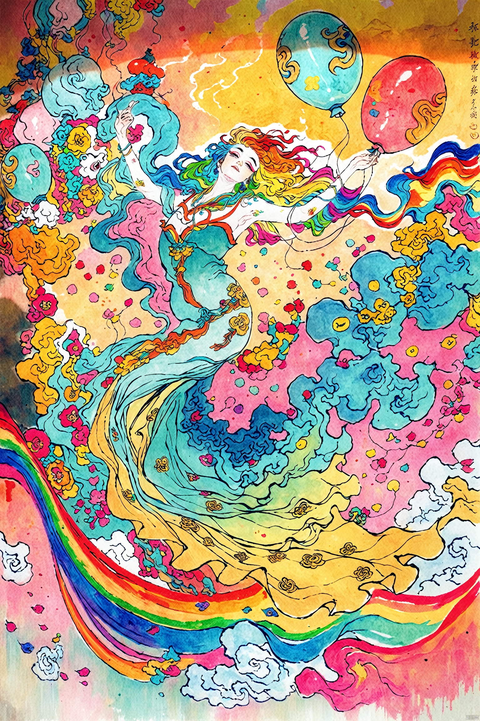 score_9, score_8_up, score_7_up, score_6_up,chinese traditional painting,
1girl,Abstract watercolor painting of a little girl,rainbow colors::1,colorful background,colorful hair,long hair,colorful dress,balloon,abstract watercolor painting of cartoon clouds with emoji,rainbow colors,Gradient,blue and pink tone colors,