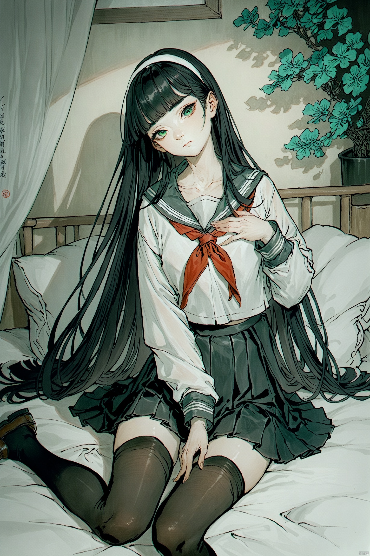 score_9, score_8_up, score_7_up, score_6_up,chinese traditional painting,
1girl,solo,long hair,looking at viewer,bangs,skirt,shirt,black hair,thighhighs,long sleeves,sitting,very long hair,closed mouth,school uniform,green eyes,collarbone,white shirt,pleated skirt,hairband,shoes,serafuku,black thighhighs,blunt bangs,black skirt,sailor collar,neckerchief,head tilt,bed,arm support,on bed,hand on own chest,loafers,red neckerchief,white hairband,