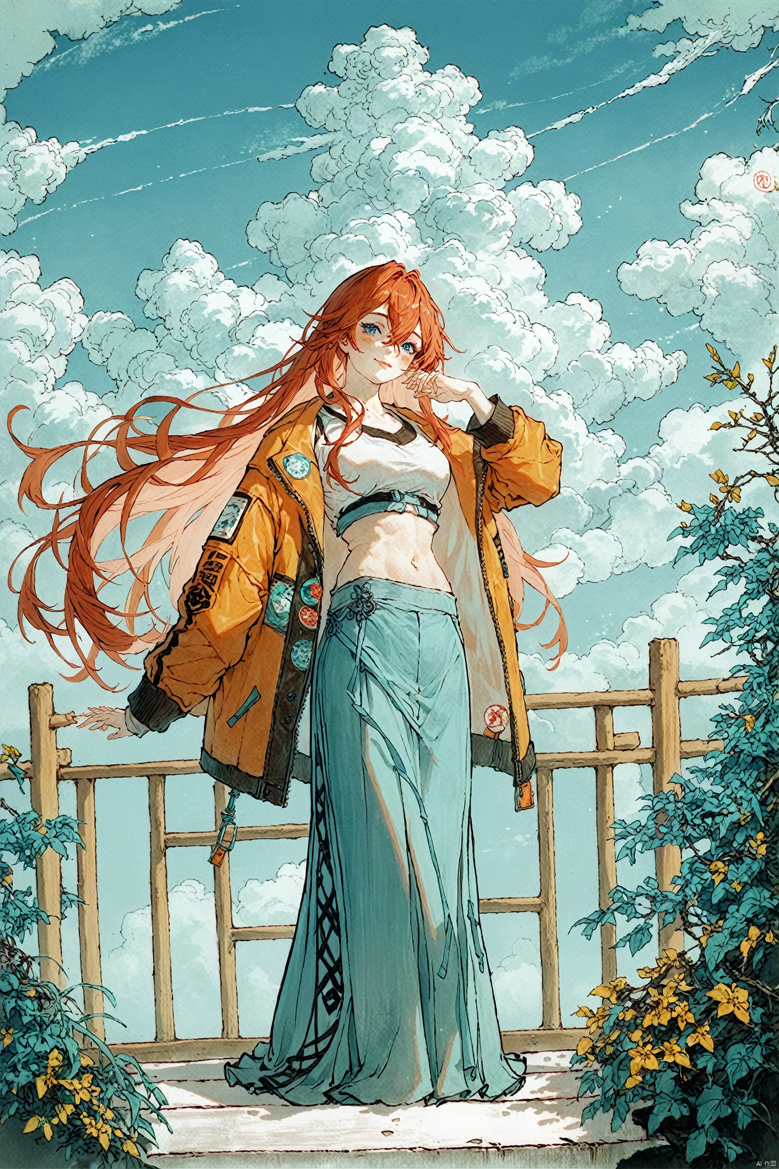 score_9, score_8_up, score_7_up, score_6_up,chinese traditional painting,
solo, 1girl, long hair, skirt, outdoors, red hair, looking at viewer, day, standing, shirt, jacket, white shirt, long sleeves, bangs, full body, very long hair, navel, sky, closed mouth, blue sky, midriff, open clothes, blue eyes, smile, crop top, hand up, hair between eyes, open jacket, cloud, blush, breasts, lips, holding