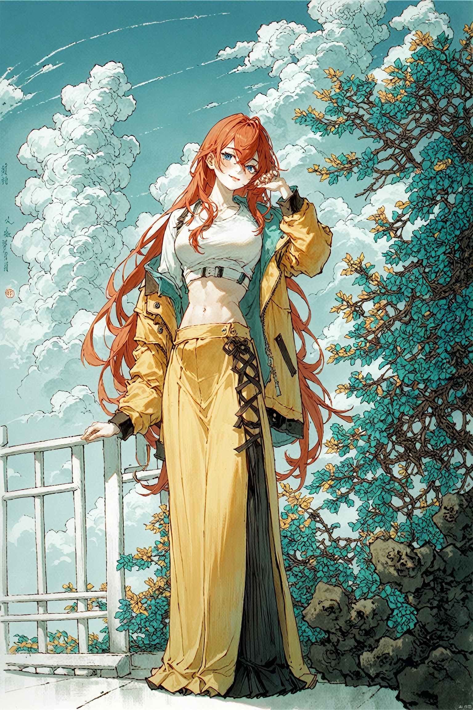score_9, score_8_up, score_7_up, score_6_up,chinese traditional painting,
solo, 1girl, long hair, skirt, outdoors, red hair, looking at viewer, day, standing, shirt, jacket, white shirt, long sleeves, bangs, full body, very long hair, navel, sky, closed mouth, blue sky, midriff, open clothes, blue eyes, smile, crop top, hand up, hair between eyes, open jacket, cloud, blush, breasts, lips, holding