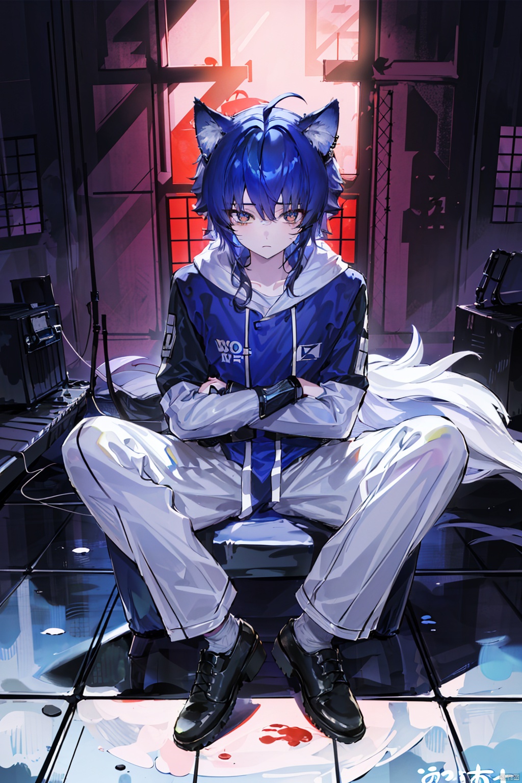 1boy,(masterpiece),(lighting),high contrast,high saturation, colorful, 1boy, shota, solo, big thighs, large hips, siye, wolf ears, blue hair, long ahoge, sitting fown, spread legs, folded arms, no emotion, bottom view, in prison, looking down at floor
