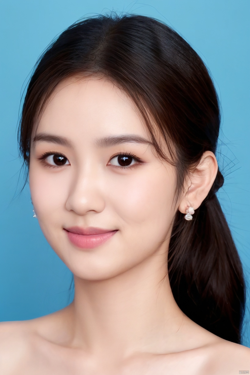 1girl, solo, looking at viewer, smile, brown hair, brown eyes, jewelry, closed mouth, upper body, earrings, lips, blue background, portrait, realistic, nose
