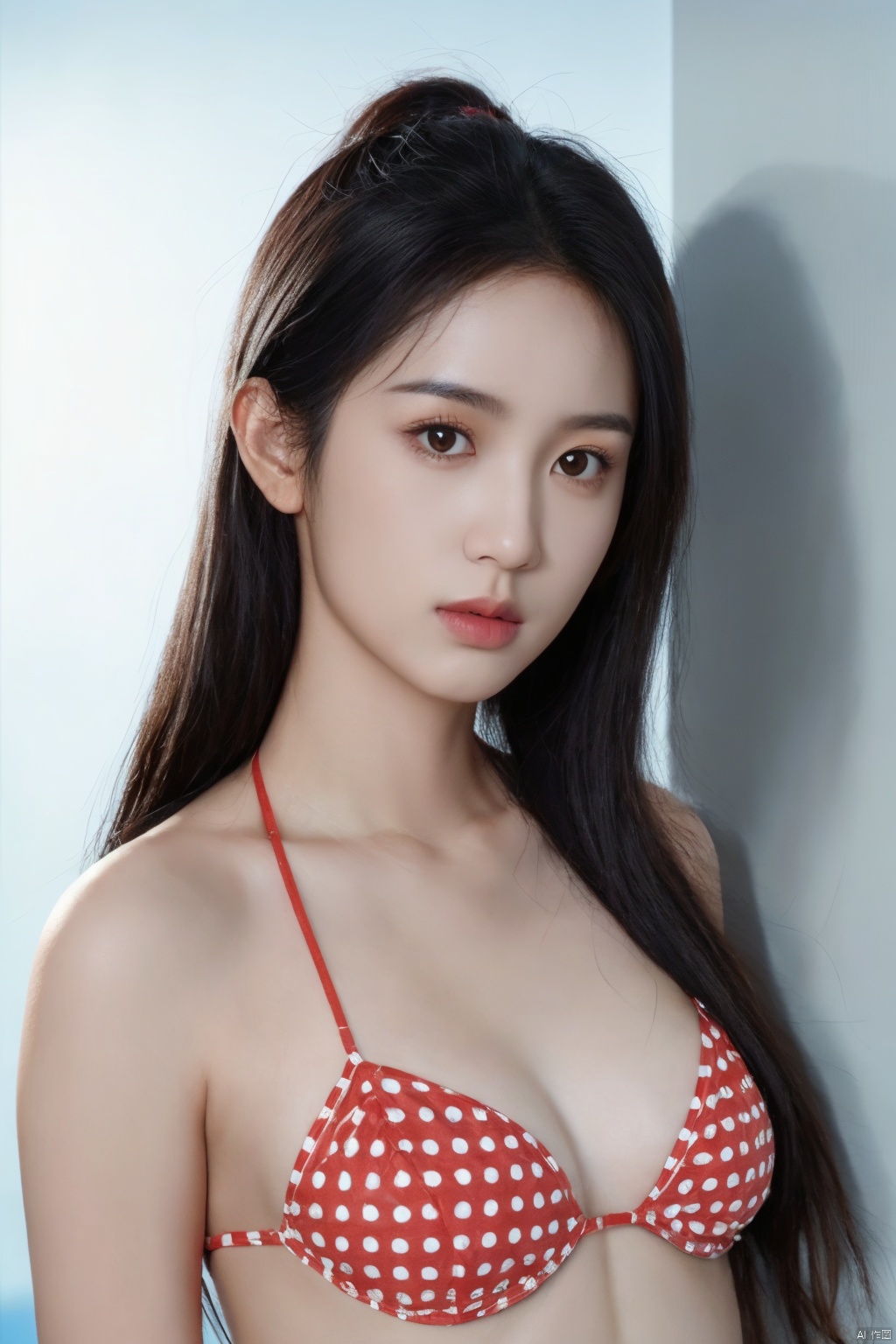 Cinematic, portrait, Kodak 5207 65mm flim, Shot by Arri Alexa 65 IMAX, Ultra photoreal, Insane Details, 32K,Realistic, --ar 3:4 --style raw --s 750 --v 6.0 --sref,jewelry, 1girl, solo, cleavage, middle breasts,red polka dot bikini, sky,clouds, realistic, upper_body, sleeveless, lips, black hair, brown_eyes, looking_at_viewer, nose, , rela, jiayu,萌萌, 040, yueyue
