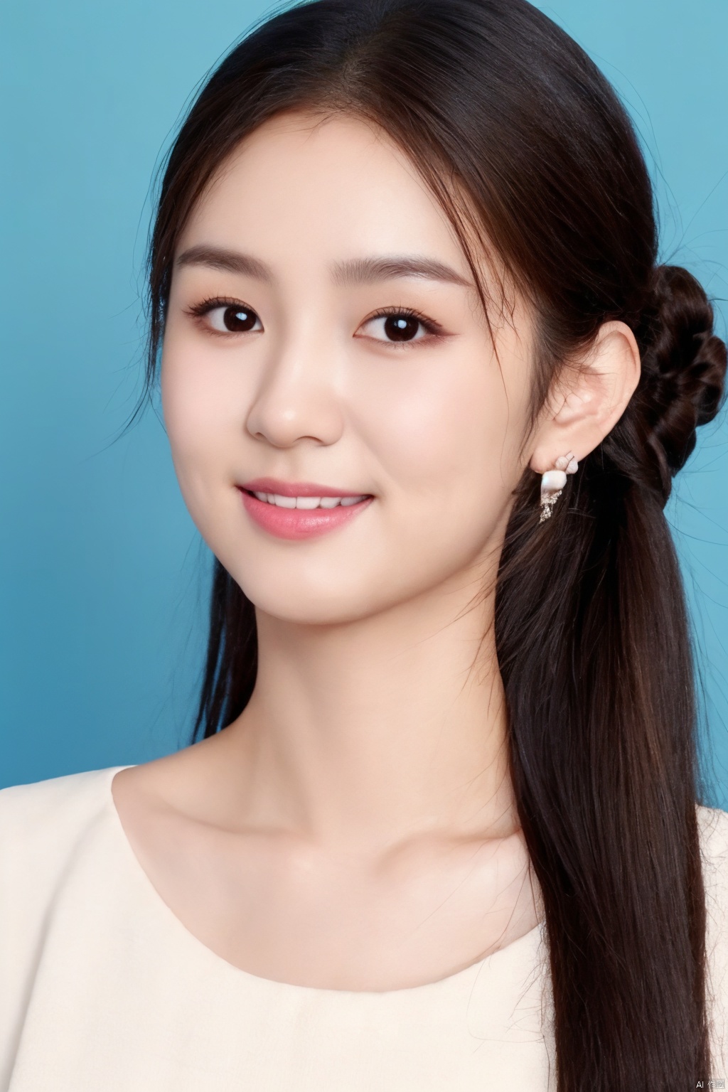 1girl, solo, looking at viewer, smile, brown hair, brown eyes, jewelry, closed mouth, upper body, earrings, lips, blue background, portrait, realistic, nose
