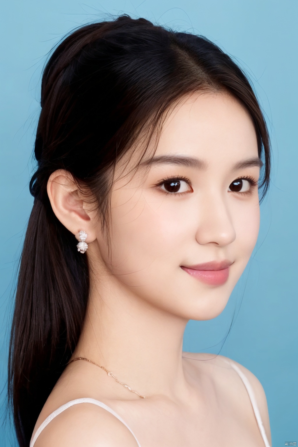 1girl, solo, looking at viewer, smile, brown hair, brown eyes, jewelry, closed mouth, upper body, earrings, lips, blue background, portrait, realistic, nose
