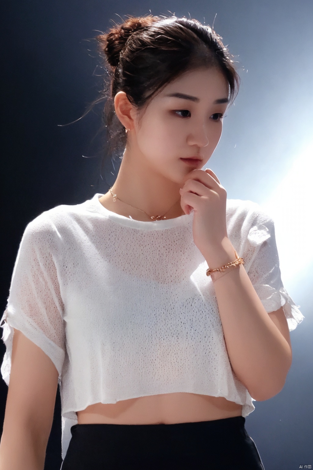 A 3D rendered image of a single female figure set against a transparent background, with a black backdrop subtly visible in the distance. The subject wears a stunning piece of jewelry on her wrist, a delicate bracelet that catches the light as she poses solo. Her gaze is captivating, focused intently on something off-camera. She dons a shirt with intricate details and a subtle texture, accompanied by a wristband that adds depth to her overall appearance. The lighting is realistic, casting gentle shadows on her features.