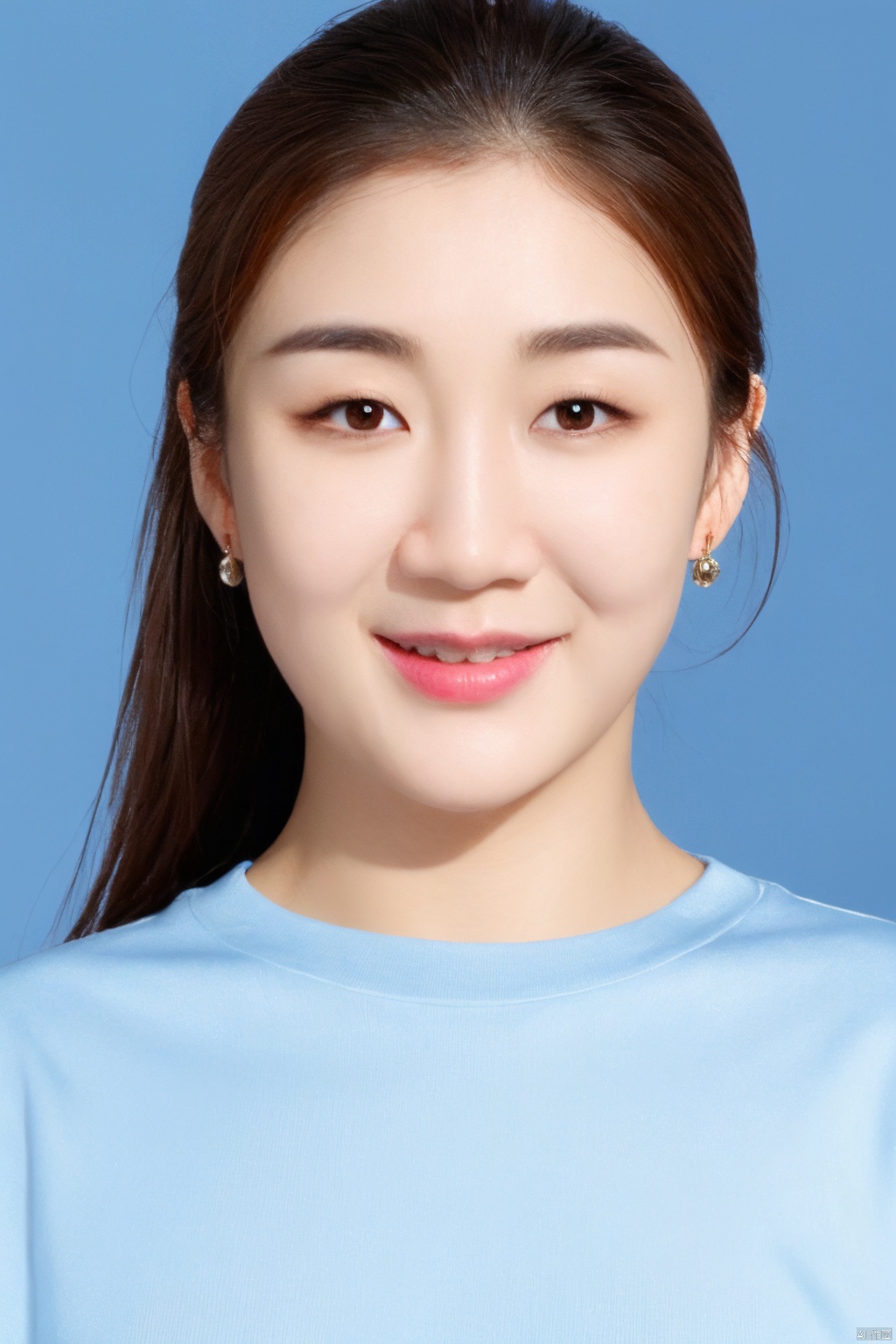 1girl, solo, looking at viewer, smile, brown hair, brown eyes, jewelry, closed mouth, upper body, earrings, lips, blue background, portrait, realistic, nose
