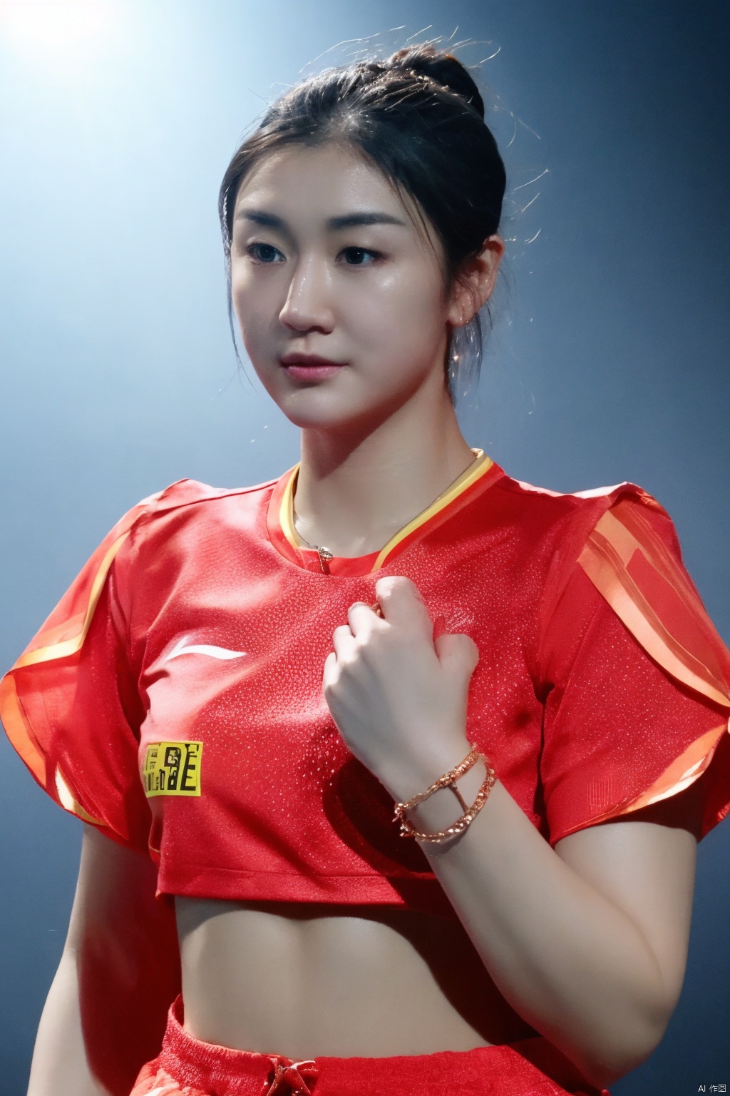A 3D rendered image of a single female figure set against a transparent background, with a black backdrop subtly visible in the distance. The subject wears a stunning piece of jewelry on her wrist, a delicate bracelet that catches the light as she poses solo. Her gaze is captivating, focused intently on something off-camera. She dons a shirt with intricate details and a subtle texture, accompanied by a wristband that adds depth to her overall appearance. The lighting is realistic, casting gentle shadows on her features.
