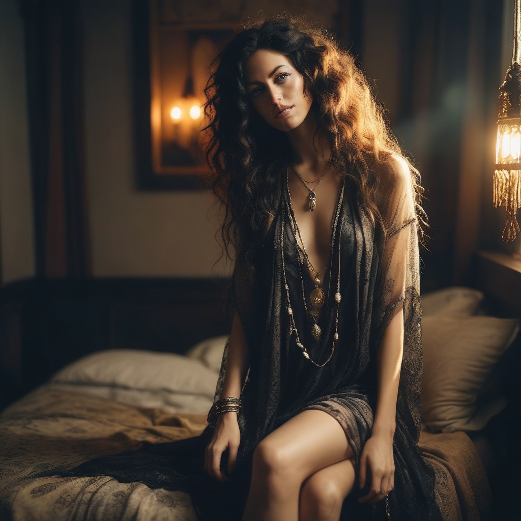 boudoir full body,  dark boho,  hair over one eye on Tensor.Art