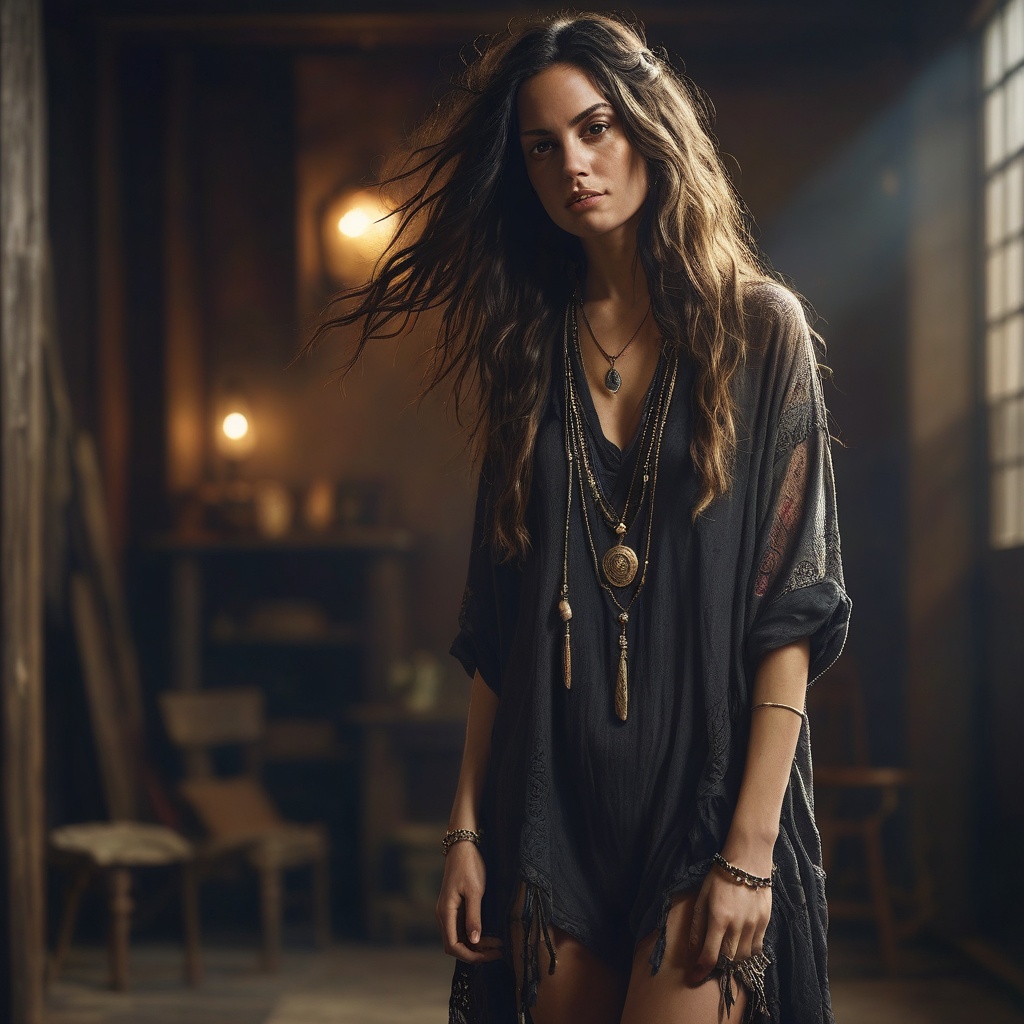 full body,  dark boho,  hair over one eye on Tensor.Art