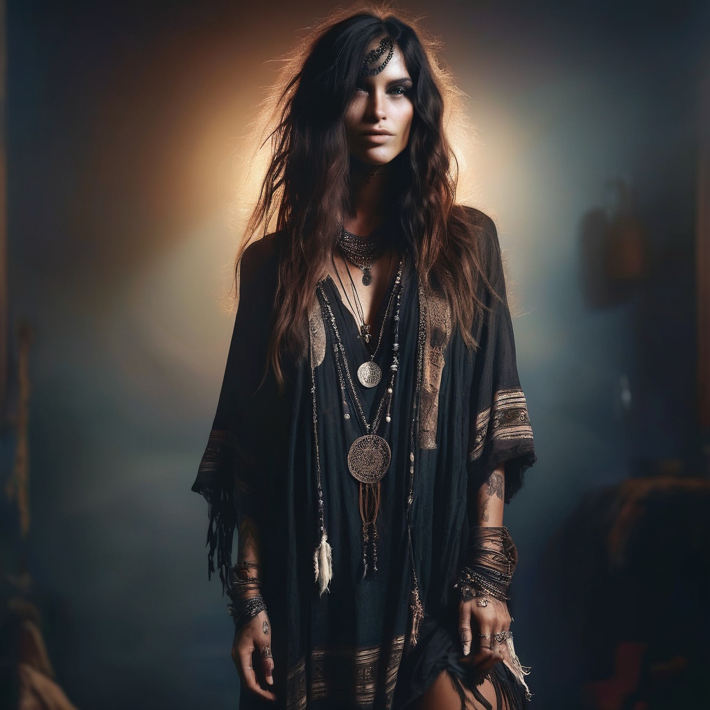 full body,  dark boho,  hair over one eye on Tensor.Art