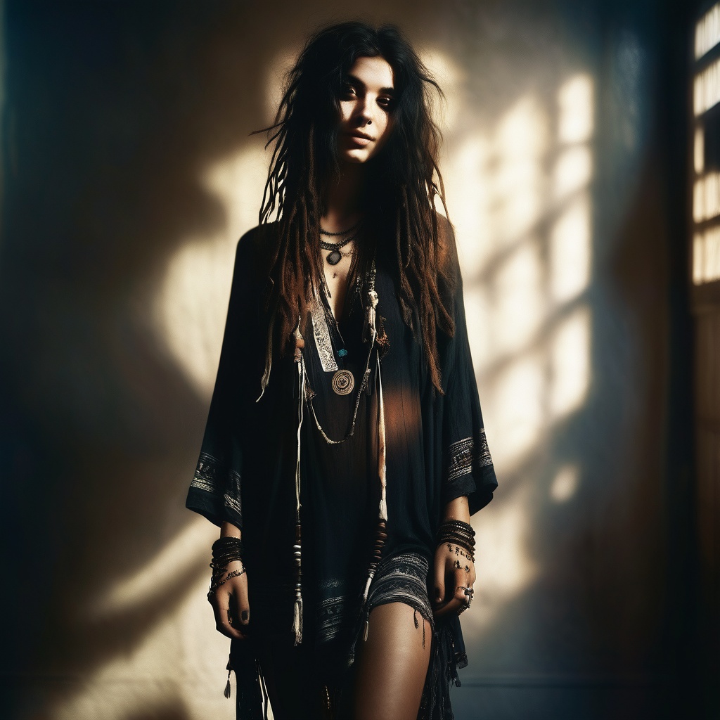 full body,  dark boho,  hair over one eye on Tensor.Art