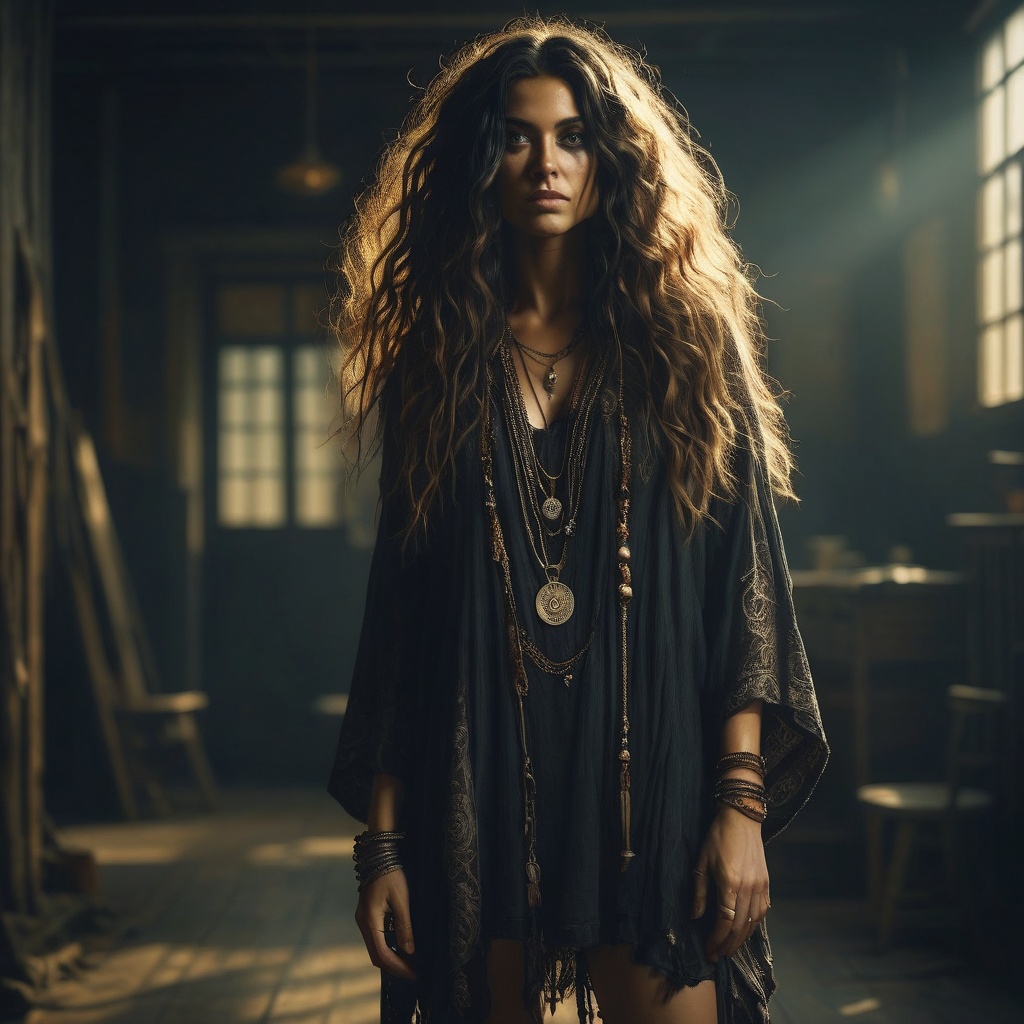 full body,  dark boho,  hair over one eye on Tensor.Art