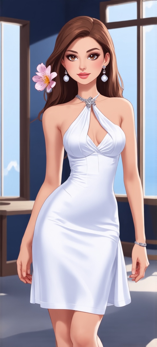 A stunning young woman stands confidently in a luxurious indoor setting, her piercing brown eyes locked onto the viewer. Her long, luscious brown hair cascades down her back like a waterfall, as she wears a fitted white halter-neck dress that accentuates her toned physique and medium-sized breasts. Her bare shoulders gleam in the soft light, adorned with delicate jewelry - a ring on her finger, earrings dangling from her lobes. The dress cinches at her waist, highlighting her curves as she stands tall in high heels. A single flower rests against her chest, its petals unfolding like a secret message. The overall atmosphere is one of elegance and sophistication, with the subject exuding confidence and poise.,Realistic Enhance,Cartoon