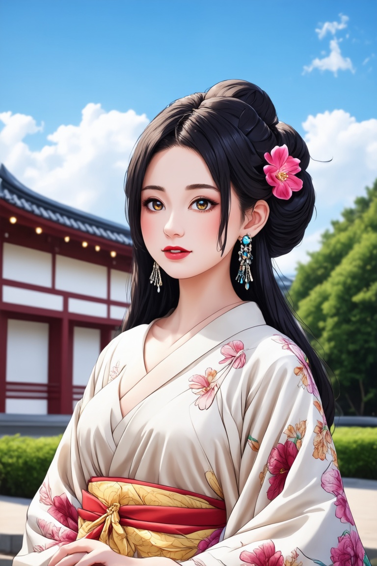 A young Japanese woman, adorned with traditional kanzashi hair ornaments and jewelry, poses against the backdrop of a serene blue sky and lush greenery. Her long black hair is styled in an intricate updo, featuring a hair flower at the crown. She wears a beautiful kimono with a floral print, its pale fabric contrasting with her porcelain-like skin. Blurred slightly to emphasize her beauty, she gazes straight ahead, her red lips painted with a subtle shine and her dark eyes lined with elegant eyeshadow. A delicate building or temple rises from the background, echoing the Japanese architecture that surrounds her.,Cartoon