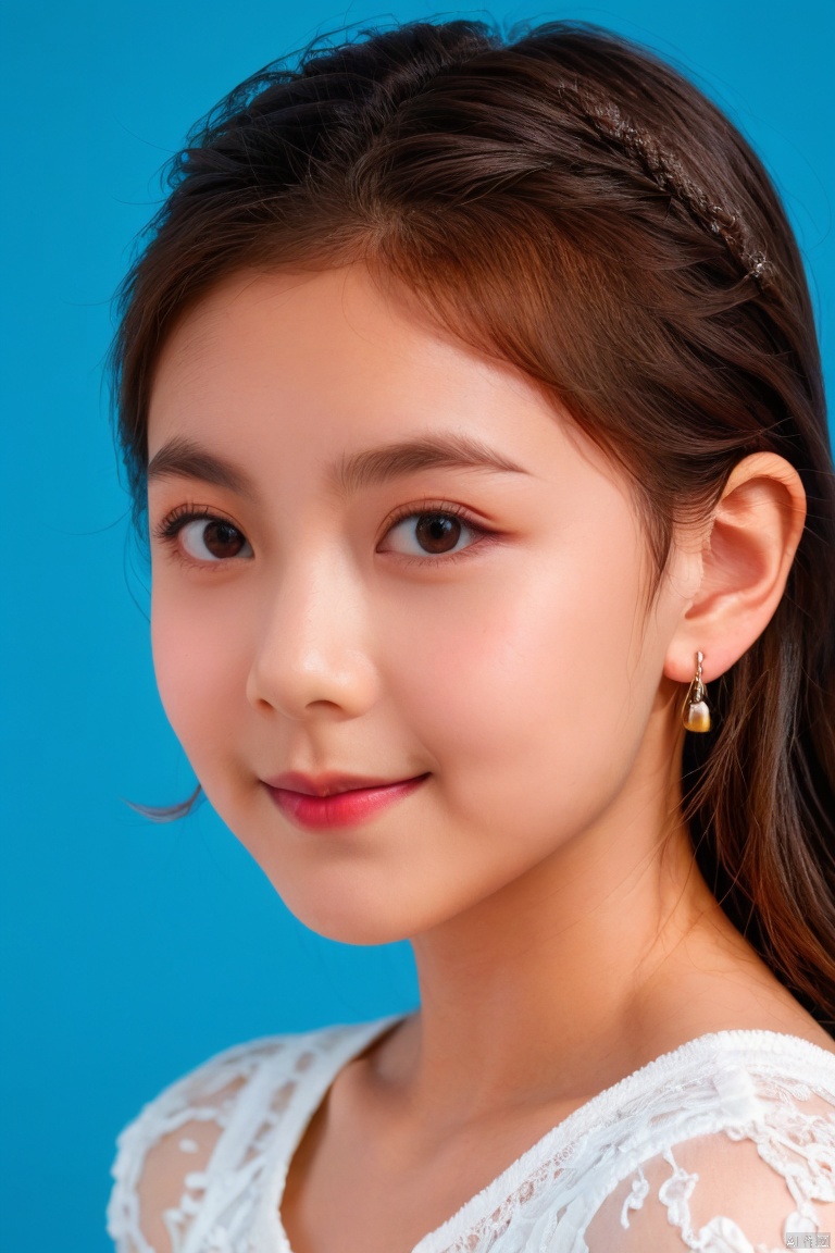 1girl, solo, looking at viewer, smile, brown hair, brown eyes, jewelry, closed mouth, upper body, earrings, lips, blue background, portrait, realistic, nose
