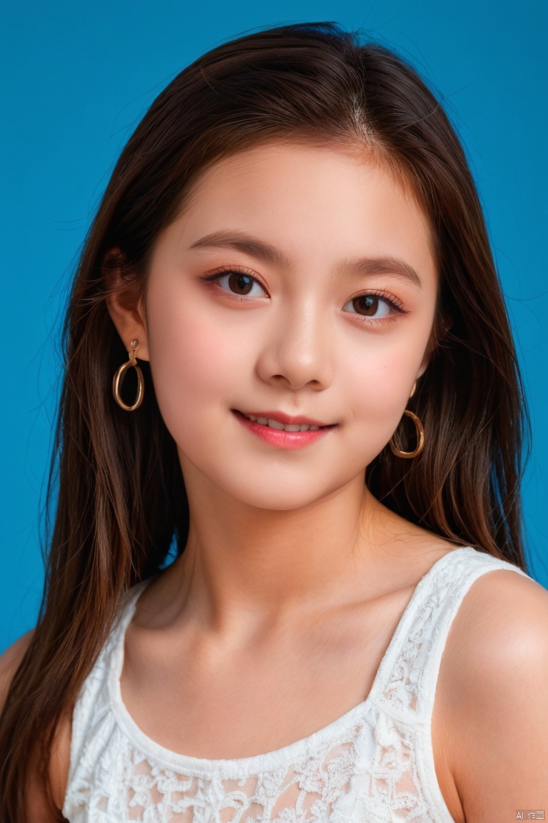1girl, solo, looking at viewer, smile, brown hair, brown eyes, jewelry, closed mouth, upper body, earrings, lips, blue background, portrait, realistic, nose
