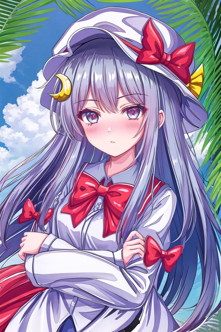 lw,patchouliknowledge,1girl,mob cap,looking at viewer,hair bow,red bow,crescent hat ornament,blue bow,blush,solo,long sleeves  
