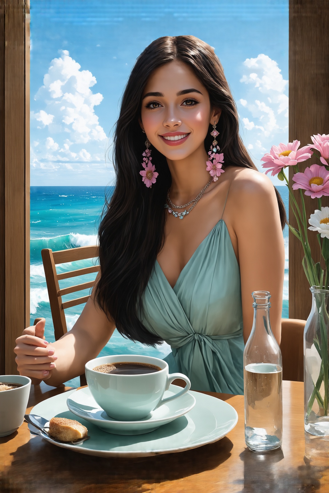 Hyper-Realistic photo of a girl sitting in a cafe,(20yo), 1girl,French girl,elegant dress,detailed exquisite face,soft shiny skin,model body,smile, mesmerizing,long black hair,small earrings,necklaces,(Pink,White and Mint colors)
BREAK
backdrop:ocean view cafe,table,coffee mug,dessert,bottle,window, flower,ocean,sky,cluttered maximalism,girl focus
BREAK 
settings:(rule of thirds:1.3),perfect composition,depth of perspective,studio photo,trending on artstation,(Masterpiece,Best quality,32k,UHD:1.4),(sharp focus,high contrast,HDR,hyper-detailed,intricate details,ultra-realistic,kodachrome 800:1.3),(chiaroscuro lighting),by Karol Bak$,Gustav Klimt$ and Hayao Miyazaki$,ek_art_b00ster