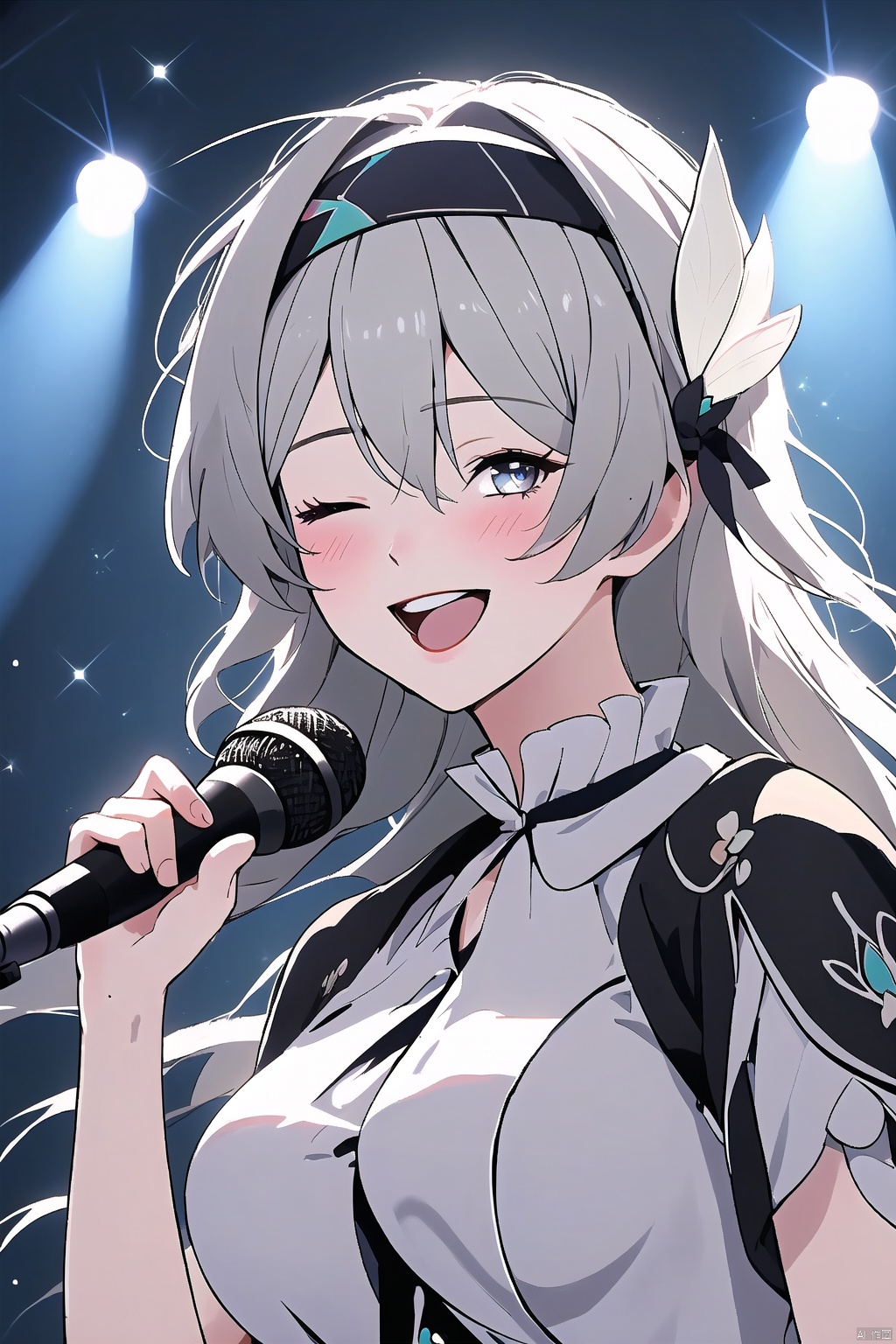 1girl, solo, long hair, breasts, looking at viewer, blush, smile, open mouth, bangs, hair ornament, holding, hair between eyes, upper body, grey hair, hairband, one eye closed, pointing, microphone, music, holding microphone, singing