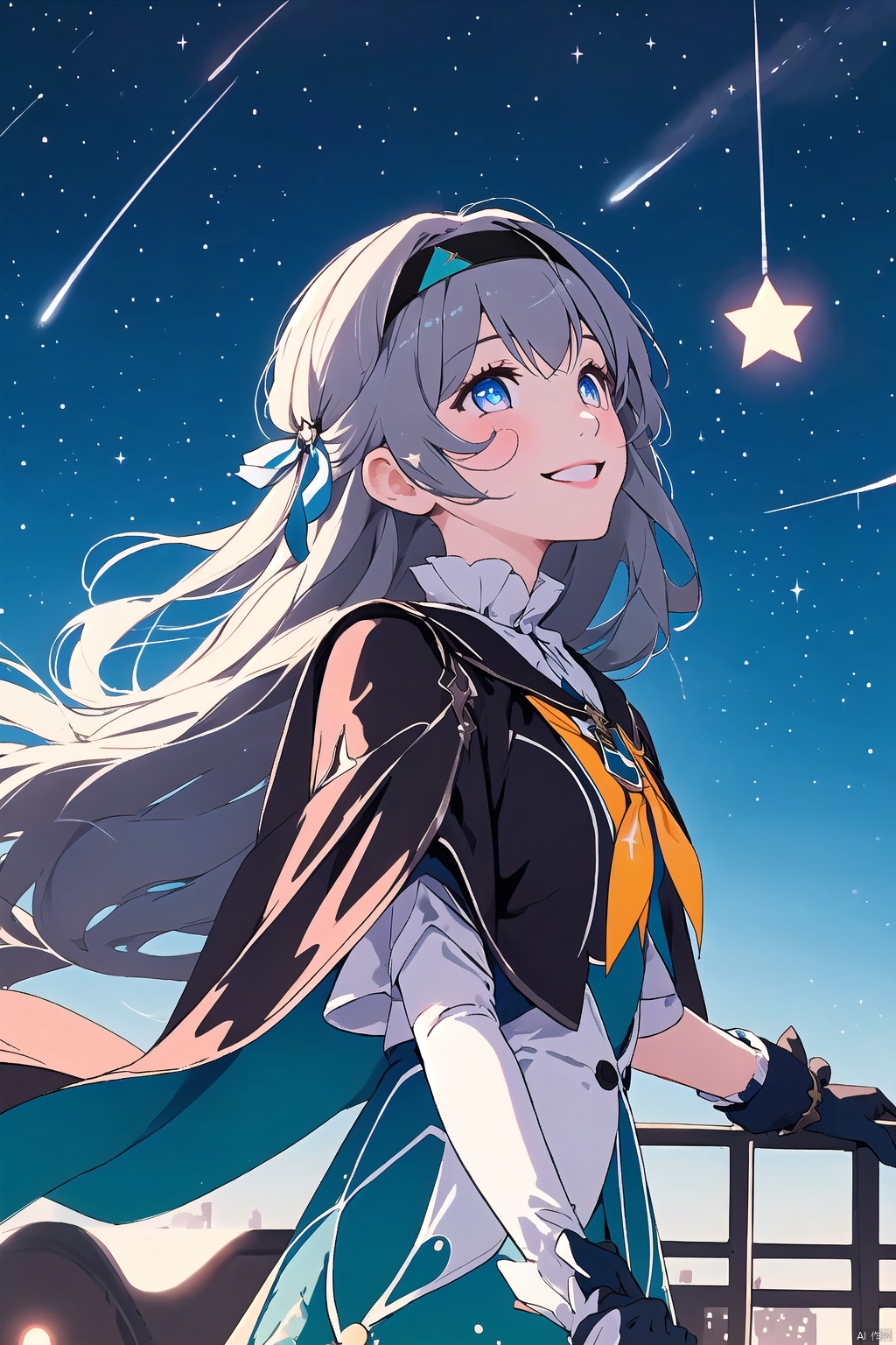 1girl, solo, long hair, smile, bangs, blue eyes, gloves, holding, hairband, sky, cape, book, headband, looking up, star \(sky\), starry sky