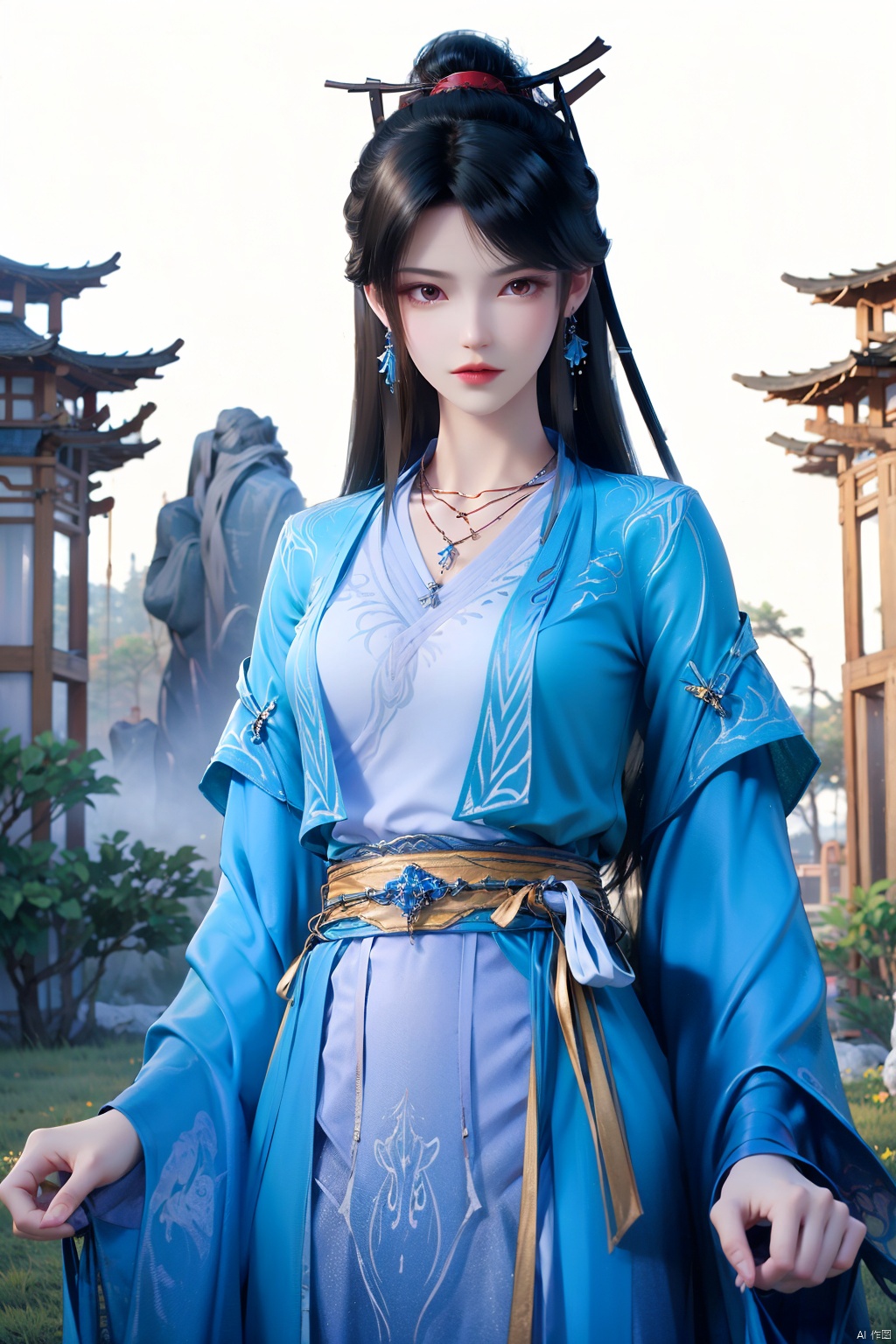 flowers,huge flowers,parks, meadows,1girl,black hair,brown eyes,brown hair,collarbone,dress,earrings,hair ornament,hair stick,jewelry,long hair,long sleeves,looking at viewer,necklace,solo,sash,necklace,pendant,bangs,blue dress,chinese clothes,hanfu,