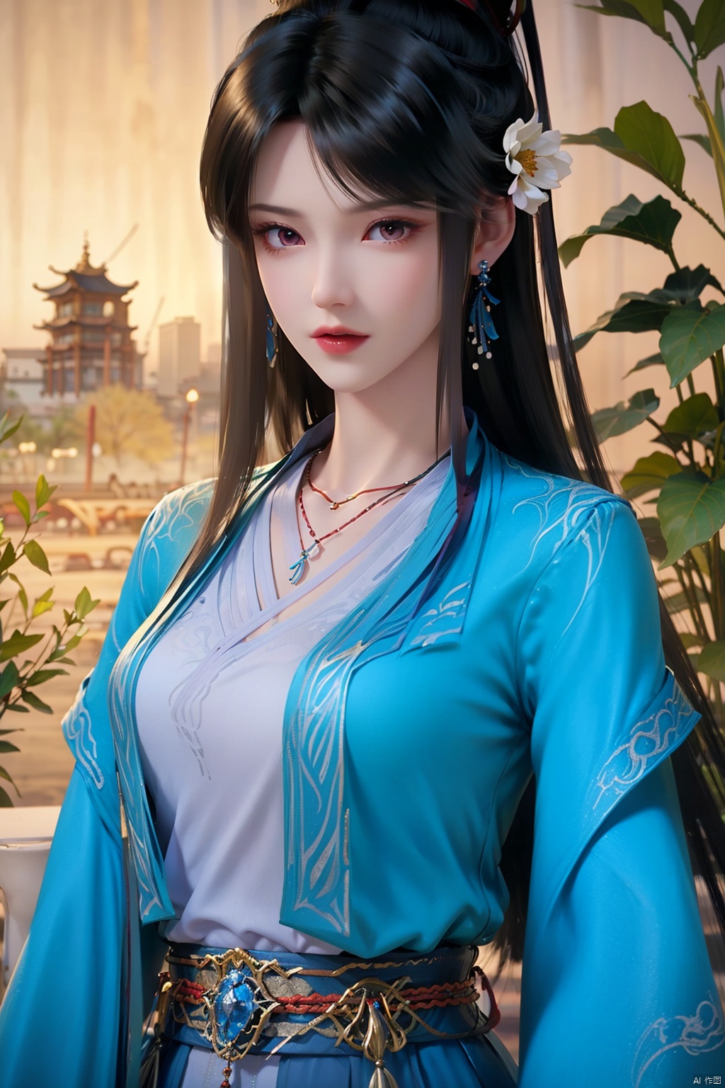 flowers,huge flowers,parks, meadows,1girl,black hair,brown eyes,brown hair,collarbone,dress,earrings,hair ornament,hair stick,jewelry,long hair,long sleeves,looking at viewer,necklace,solo,sash,necklace,pendant,bangs,blue dress,chinese clothes,hanfu,