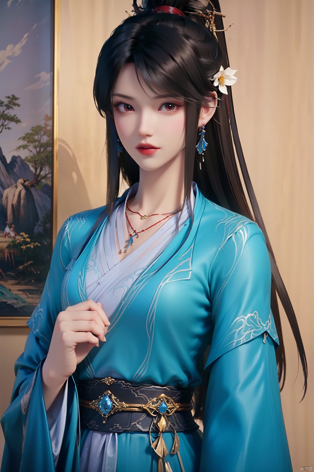 flowers,huge flowers,parks, meadows,1girl,black hair,brown eyes,brown hair,collarbone,dress,earrings,hair ornament,hair stick,jewelry,long hair,long sleeves,looking at viewer,necklace,solo,sash,necklace,pendant,bangs,blue dress,chinese clothes,hanfu,