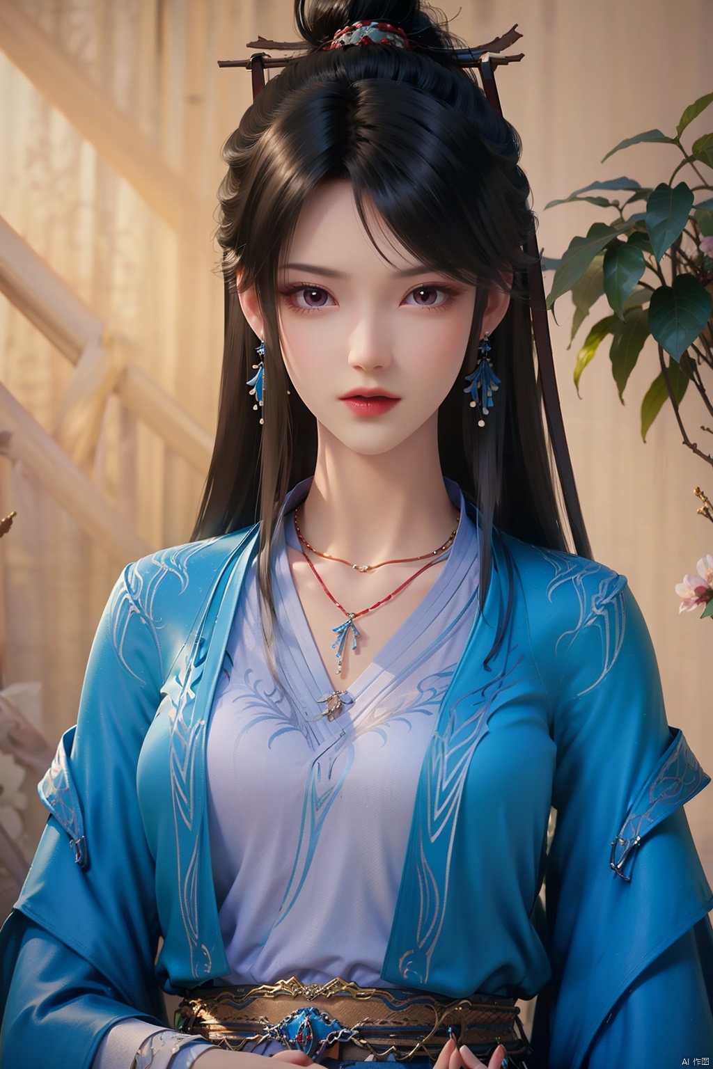 flowers,huge flowers,parks, meadows,1girl,black hair,brown eyes,brown hair,collarbone,dress,earrings,hair ornament,hair stick,jewelry,long hair,long sleeves,looking at viewer,necklace,solo,sash,necklace,pendant,bangs,blue dress,chinese clothes,hanfu,