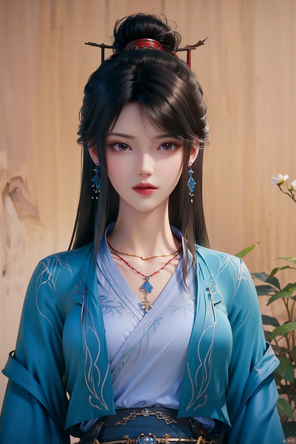 flowers,huge flowers,parks, meadows,1girl,black hair,brown eyes,brown hair,collarbone,dress,earrings,hair ornament,hair stick,jewelry,long hair,long sleeves,looking at viewer,necklace,solo,sash,necklace,pendant,bangs,blue dress,chinese clothes,hanfu,