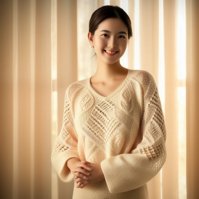 Generate an image of a delightful young woman in a full-body pose,  sporting a charming,  lacy knit sweater. She exudes wa...