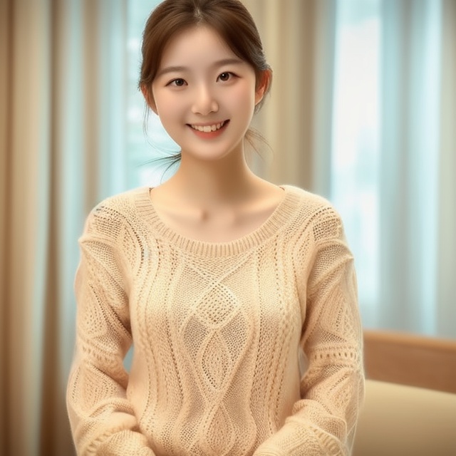 Create an image of a charming young woman wearing a cute,  lacy knit sweater. She stands with a sweet,  inviting smile on...