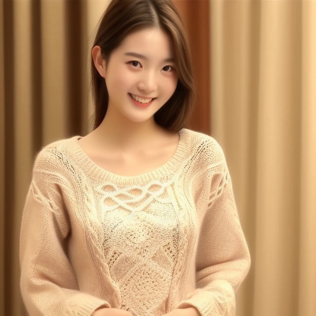 Create an image of a charming young woman wearing a cute,  lacy knit sweater. She stands with a sweet,  inviting smile on...