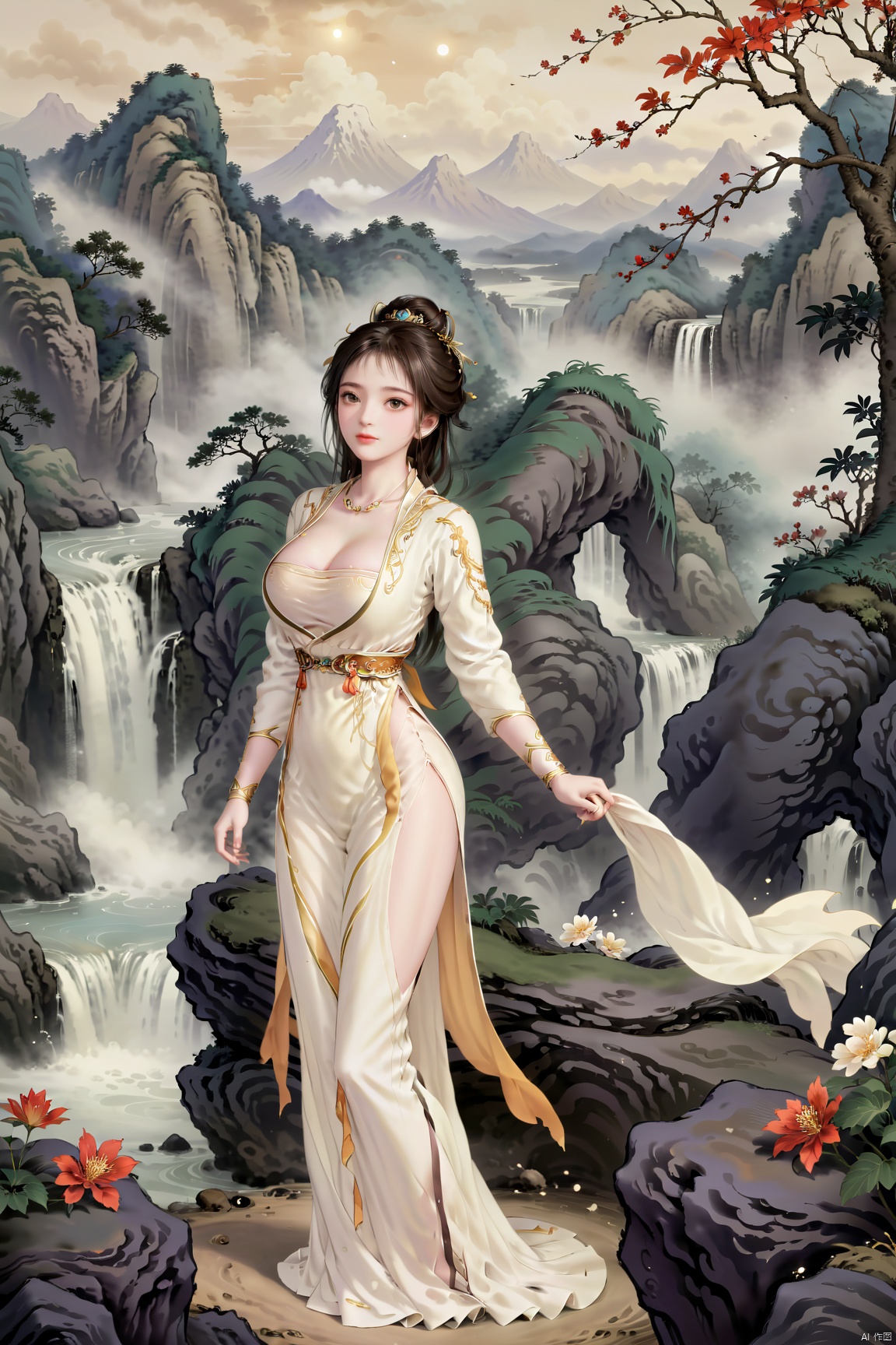 masterpiece,best quality,1girl,solo,beautiful outdoor,beautiful mount,(big breasts:1.59),Xtianhuxiaobai,Maple leaves, flowers,waterfalls, volcanoes,Xyaoxi