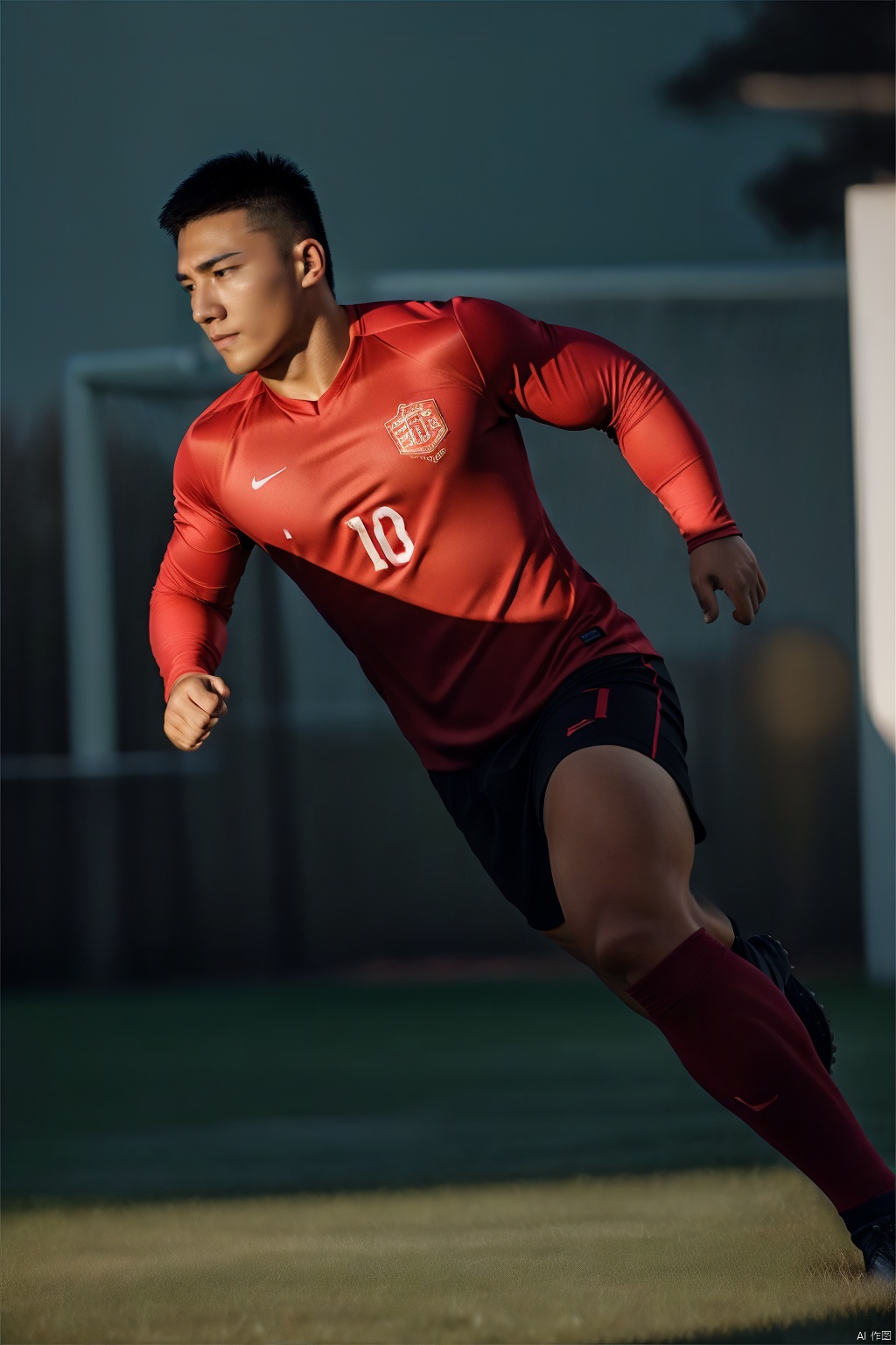 jzns, 1man,,asian,exquisite facial features,handsome,male focus,muscular,soccer clothes,soccer socks,running,Football pitch,full body,close_up,soft lighting,Dynamic angle,at Dawn, Zen, still, imposing, shiny, highly color focused, enchanted, flowing, beautiful detailed supreme quality color intricate,masterpiece, realistic, best quality, highly detailed,ztg