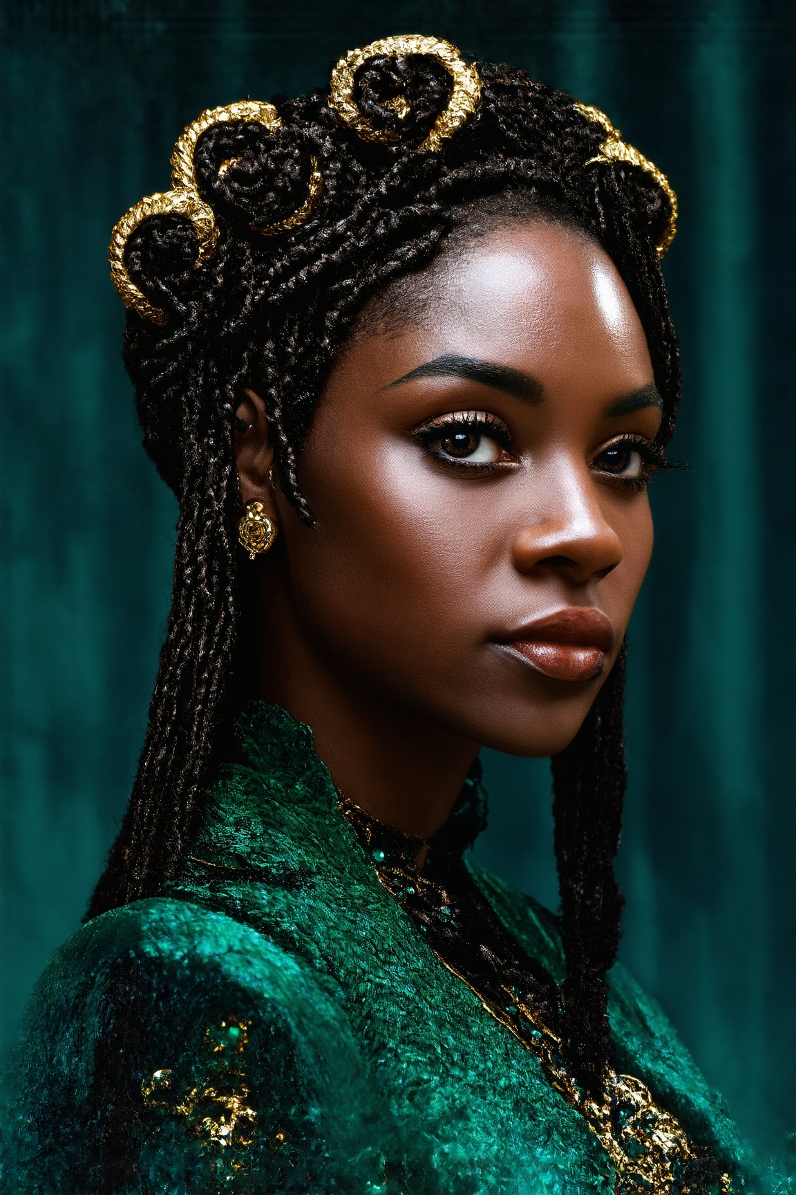 a regal black woman adorned with intricately woven Bantu knots and sleek,  straight braids,  reimagined in the opulent sty...