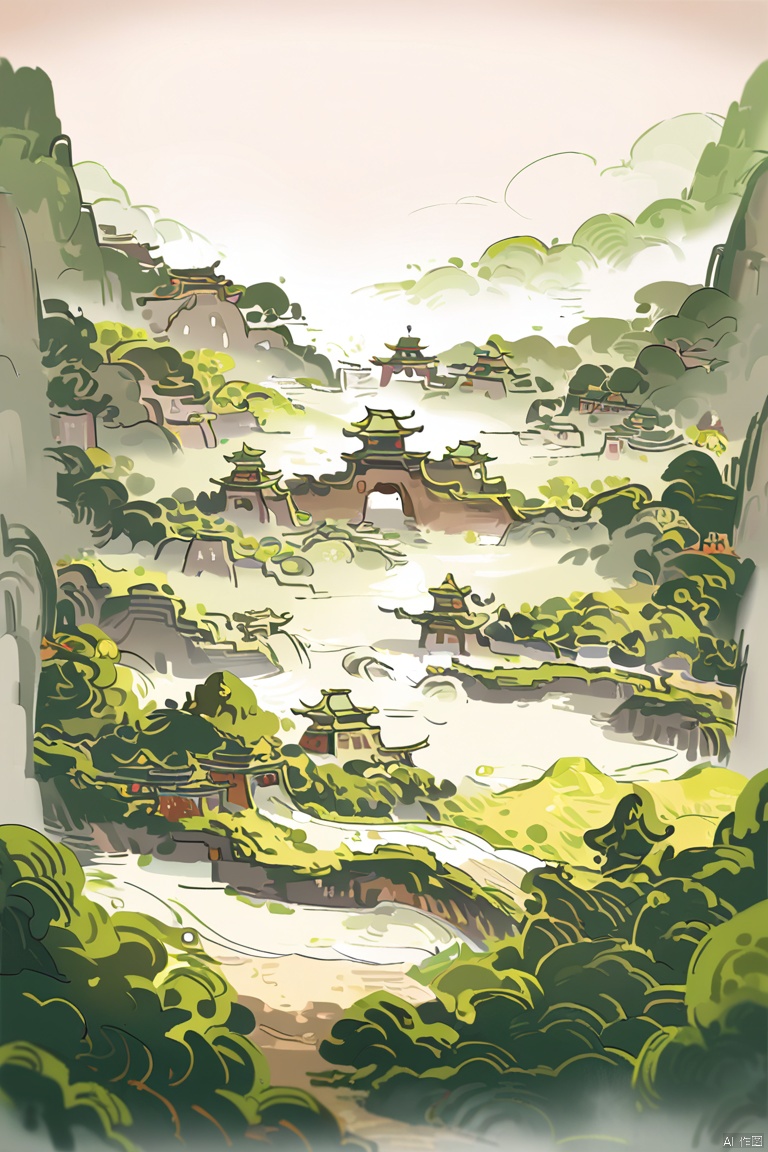 Chinese landscape, Guochao painting style, Guofeng, masterpiece, meticulous details, excellent light and shadow performance and material texture,guofeng,xinzhongshi