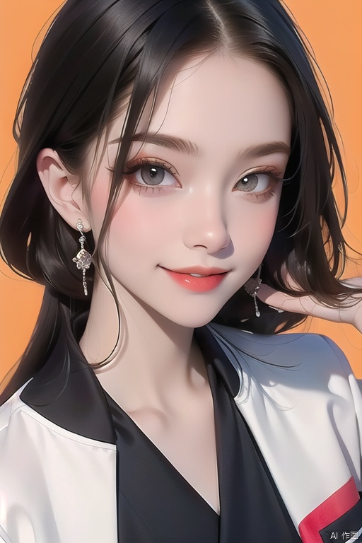  with an orange background, portrait,,school_uniform, 1girl,smile