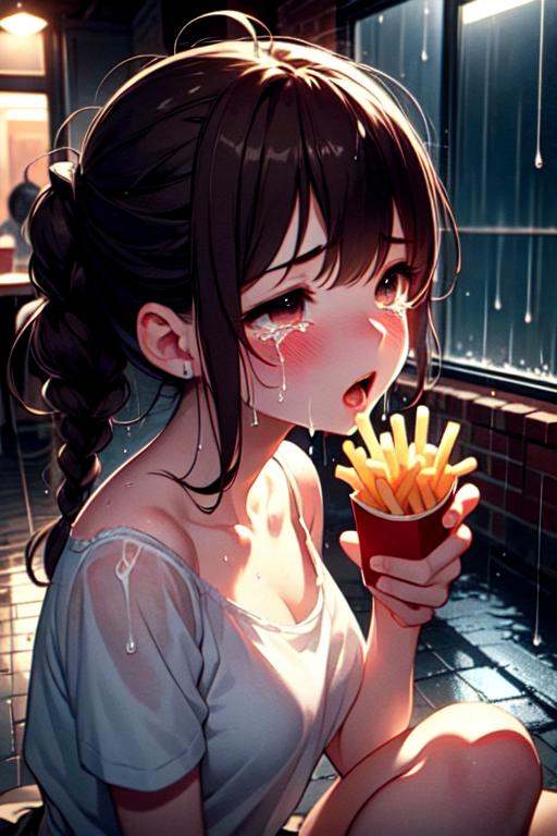 shirtlift (((masterpiece))),  (((best quality))),  (((holding soggy fries))) on Tensor.Art