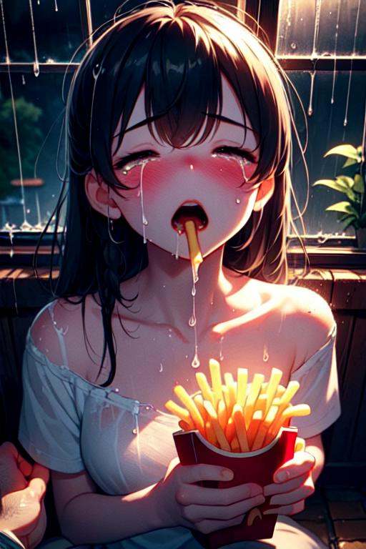 shirtlift (((masterpiece))),  (((best quality))),  ((holding soggy fries)) on Tensor.Art