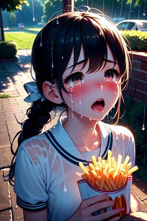 shirtlift (((masterpiece))),  (((best quality))),  ((holding soggy fries)) on Tensor.Art