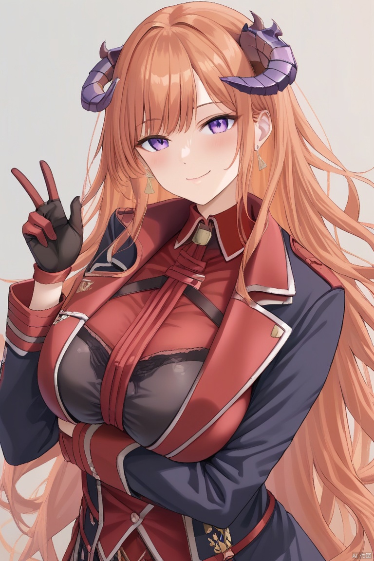 1girl, solo, long hair, breasts, looking at viewer, blush, smile, bangs, large breasts, shirt, gloves, long sleeves, jewelry, very long hair, closed mouth, purple eyes, jacket, earrings, open clothes, horns, black gloves, hand up, orange hair, black jacket, red shirt, red gloves, dragon horns, arm under breasts