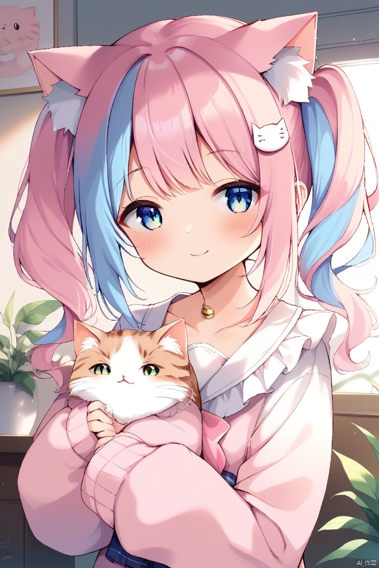 1girl, solo, long hair, looking at viewer, blush, smile, bangs, blue eyes, shirt, hair ornament, long sleeves, bow, holding, animal ears, twintails, closed mouth, blue hair, collarbone, upper body, pink hair, multicolored hair, frills, indoors, virtual youtuber, cat ears, streaked hair, animal ear fluff, sleeves past wrists, animal, cat, cat girl, holding animal, cat hair ornament