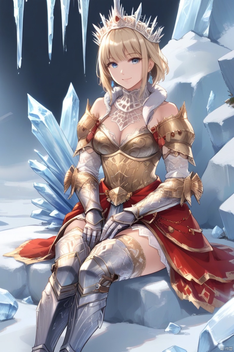 1girl, solo, breasts, looking at viewer, smile, short hair, bangs, blue eyes, blonde hair, thighhighs, dress, cleavage, bare shoulders, jewelry, medium breasts, sitting, full body, earrings, boots, armor, tiara, crown, gauntlets, snow, ice