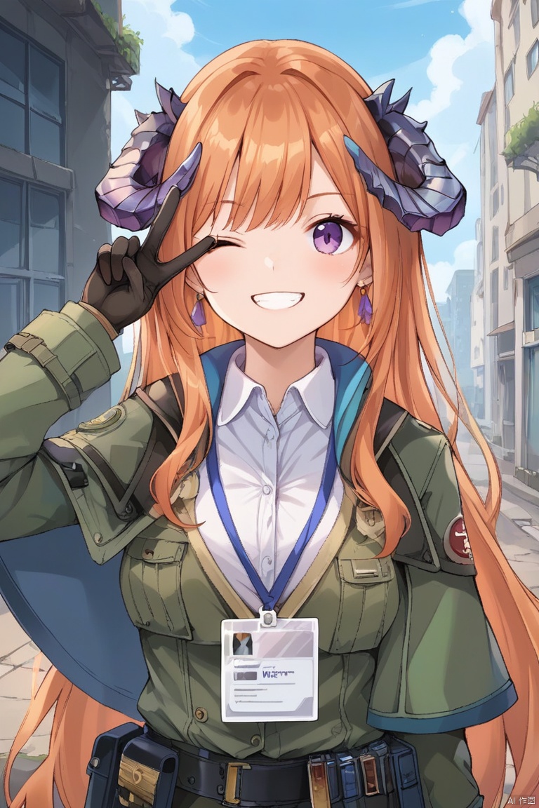 1girl, solo, long hair, breasts, looking at viewer, blush, smile, bangs, shirt, gloves, long sleeves, medium breasts, very long hair, purple eyes, jacket, white shirt, upper body, earrings, outdoors, one eye closed, horns, sky, day, black gloves, collared shirt, belt, cloud, hand up, blunt bangs, orange hair, grin, open jacket, blue sky, v, capelet, dragon horns, pouch, green jacket, id card, belt pouch, v over eye