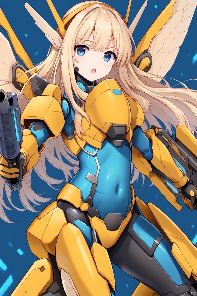 1girl, solo, long hair, looking at viewer, open mouth, blue eyes, blonde hair, holding, weapon, wings, holding weapon, armor, gun, bodysuit, covered navel, headgear, blue background, mecha musume, mechanical wings
