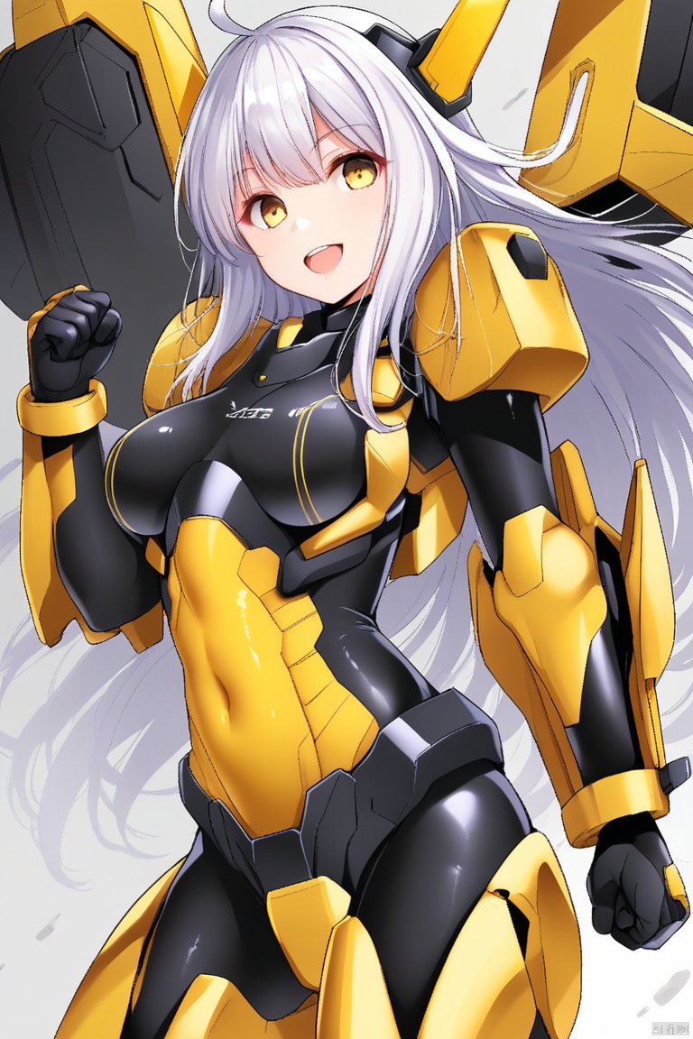 1girl, solo, long hair, breasts, looking at viewer, smile, open mouth, bangs, medium breasts, yellow eyes, ahoge, white hair, armor, bodysuit, covered navel, headgear, clenched hand, skin tight, mecha musume